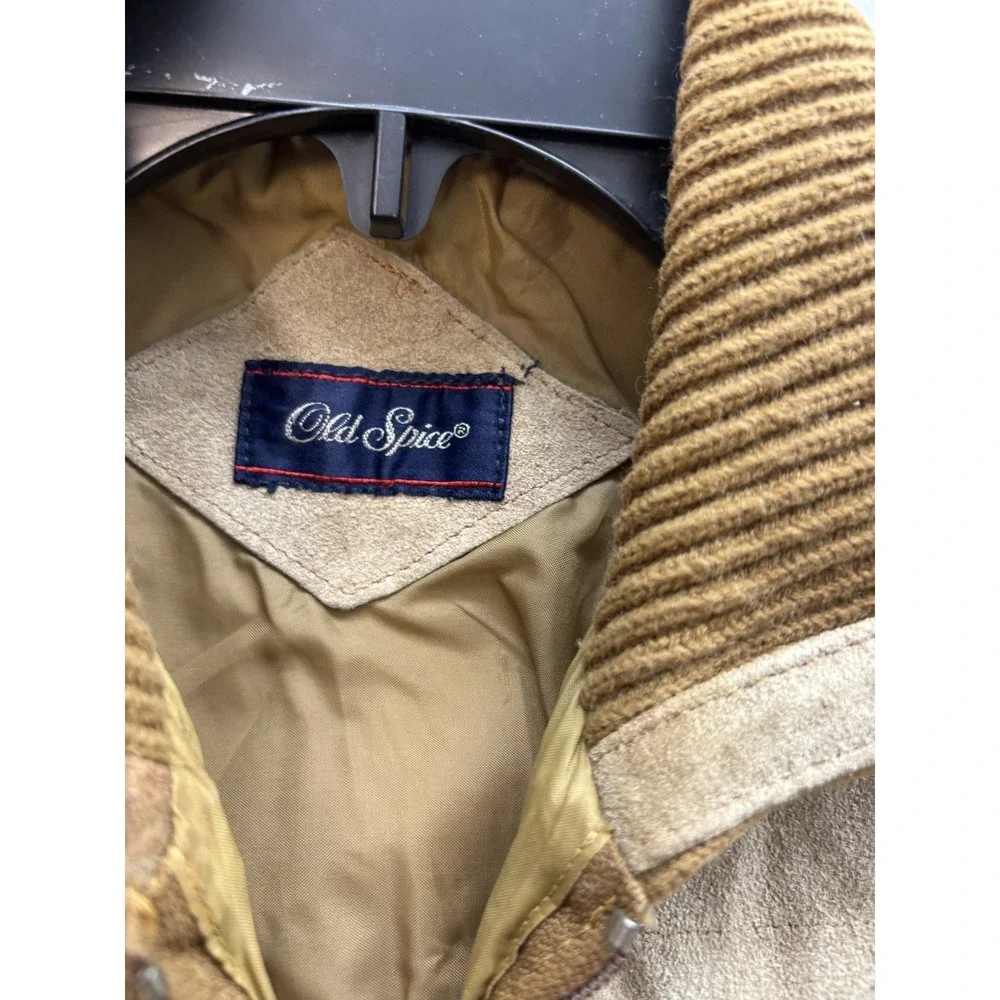 Vintage Old Spice Mens Beige Suede Leather Brown Knit Bomber Jacket Size L